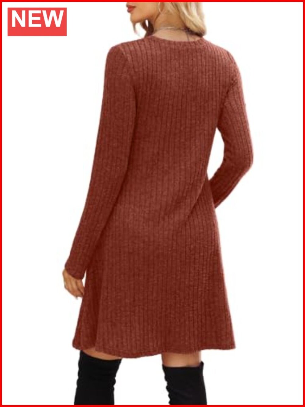 Long Sleeve Crew Neck Empire Waist Tunic Dress with Pockets - Picture 4 of 6